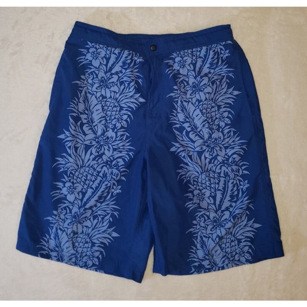 Caribbean Swimwear Sz S Small Blue Swim Trunks Hawaiian Floral Print Button Fly